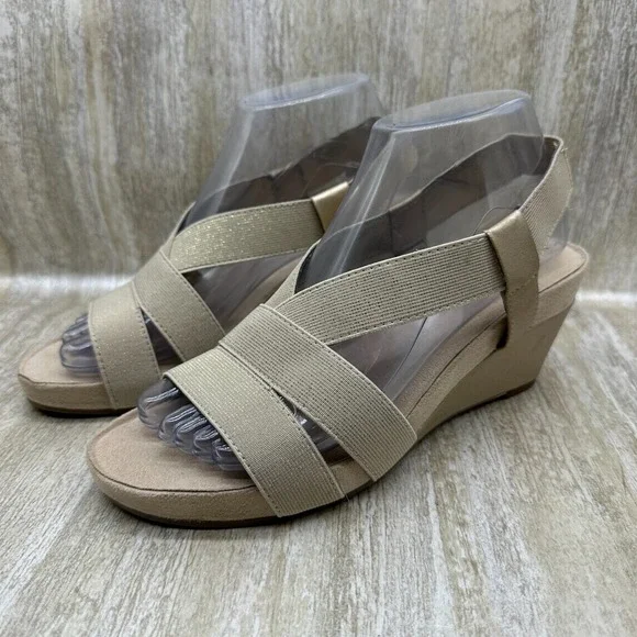 Aerosoles Light Rail 7.5 M Beige Gold Stretch‎ Band Straps Wedge Sandals - Picture 2 of 10